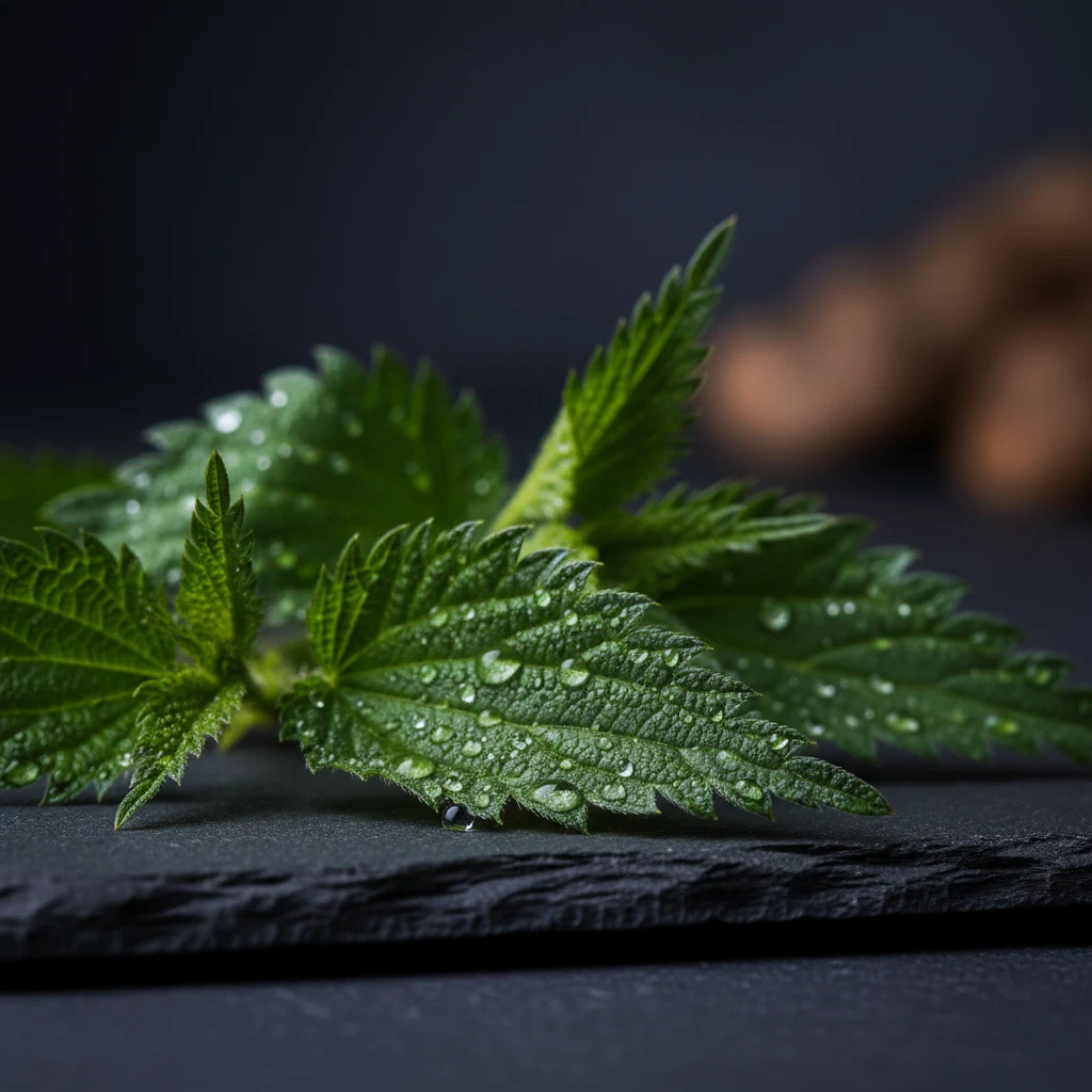 Macro-opname van verse brandnetelbladeren met waterdruppels - botanisch ingrediënt in Alpha Drive