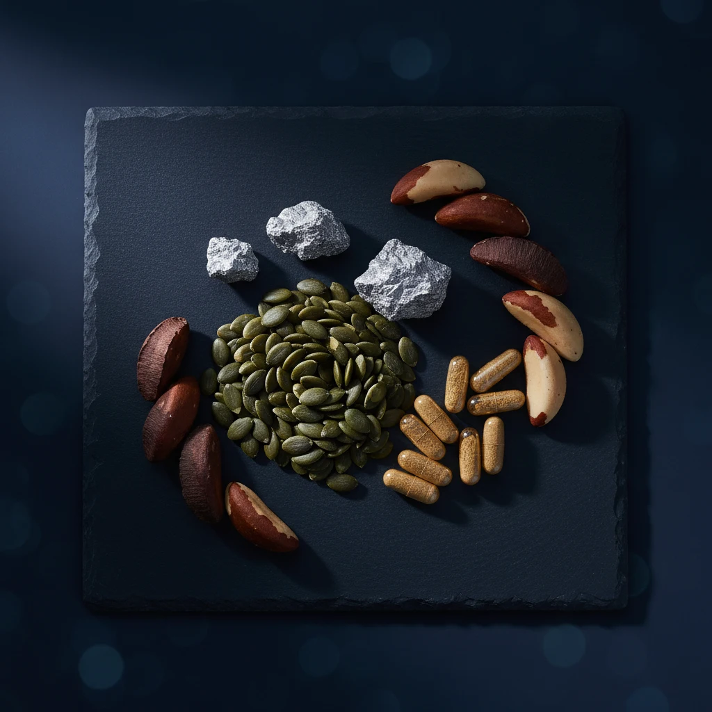 Plat lay van supplementingrediënten: pompoenzaad, zinkstukjes, selenium-noten en capsules op donker leisteen