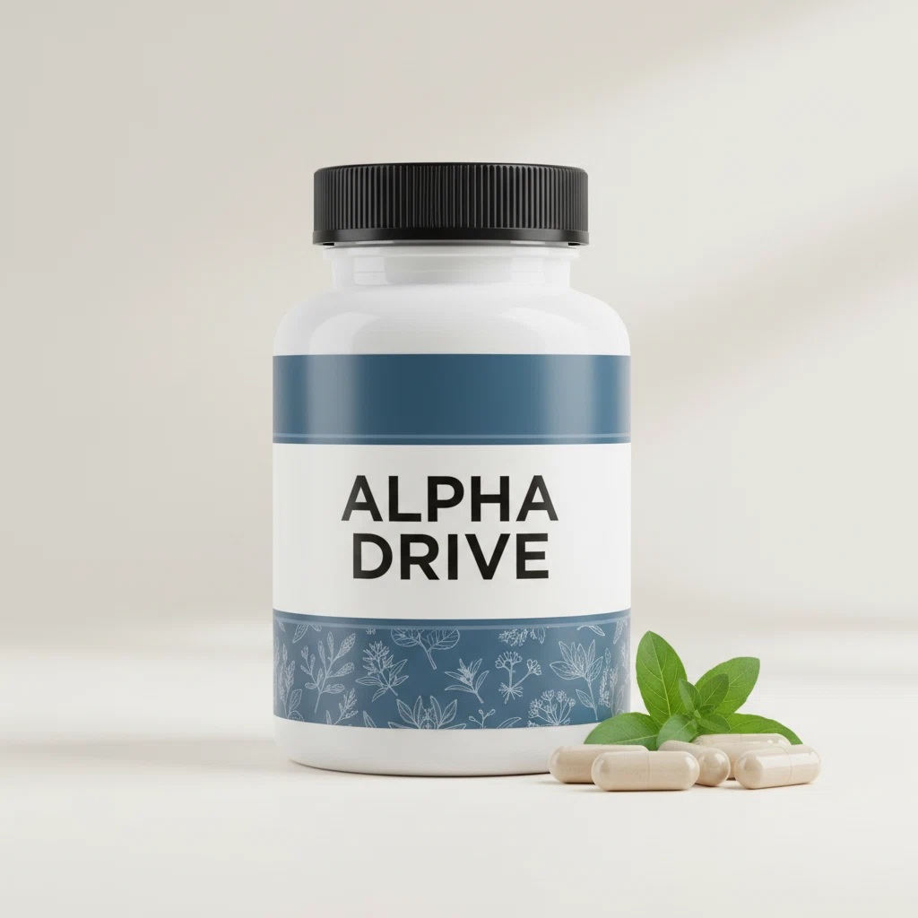 Alpha Drive witte supplement pot met lichtblauwe hexagonale accenten op donkere achtergrond
